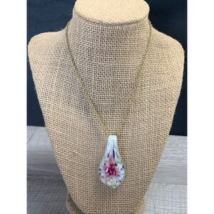 Jewelry Gold Tone Pink Floral Art Glass Teardrop Pendant Necklace 16-19in